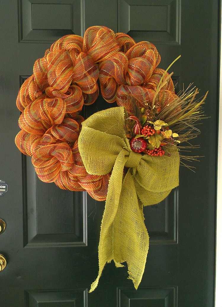 Toamnă-coroană-ușă-panglici-panglici-decorațiuni-portocalii-verzi