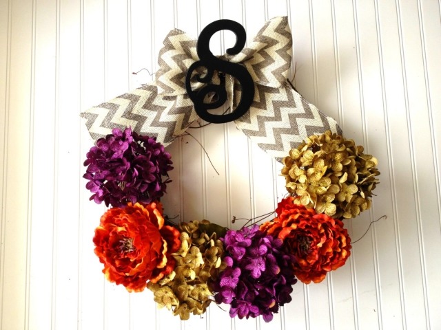 cununa decorare toamnă flori hortensii portocaliu purpuriu auriu cununa-toamna-decor-flori-hortensii-portocaliu-liliac-auriu