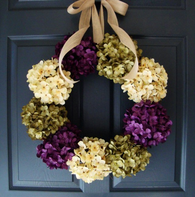 decor de coroană de ușă hortensii uscate violet verde galben ușă-coroană-decor-uscat-hortensie-violet-verde-galben
