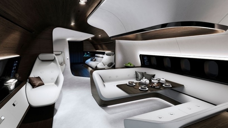 Interioare de lux pentru avioane private mici Design High Tech -Mercedes-Lufhansa-interior-alb-lemn-scaune-masă-iluminat
