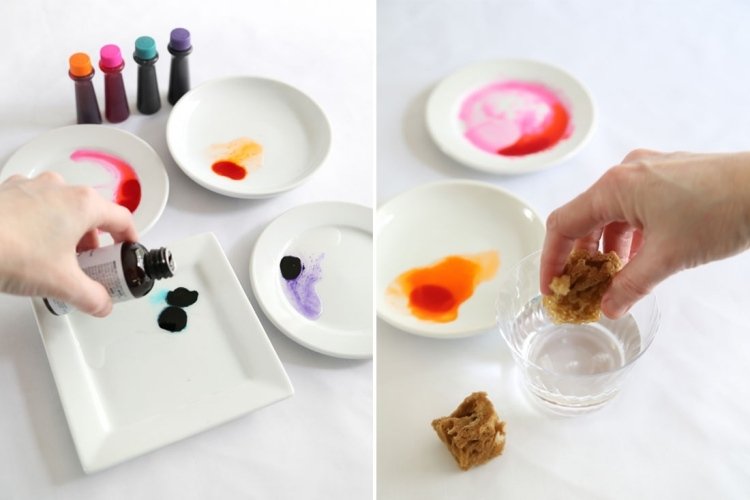 Dizolvați culorile în diferite plăci plate tort de nunta-extraordinare-acuarela-instructiuni-comestibile-culori-burete-de-mare