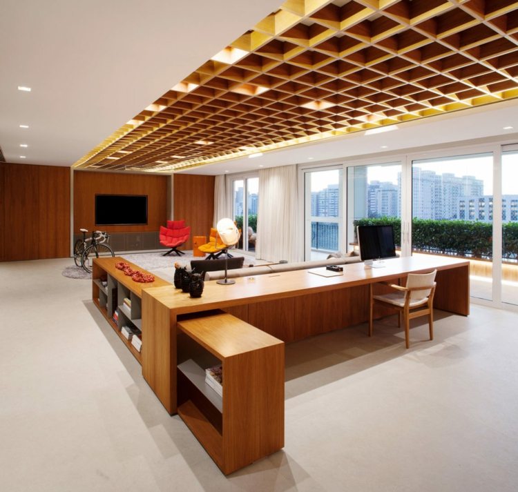 lemn-tavan-spațiu de lucru-idee-cameră de zi-birou-spațioasă-fereastră față