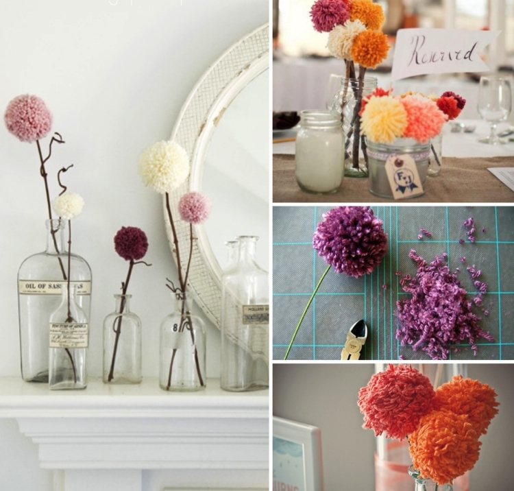 Pom-poms ca flori din fire pentru decorațiuni de masă idei-decorare-primavara-flori-bricolaj-pomponi-fire