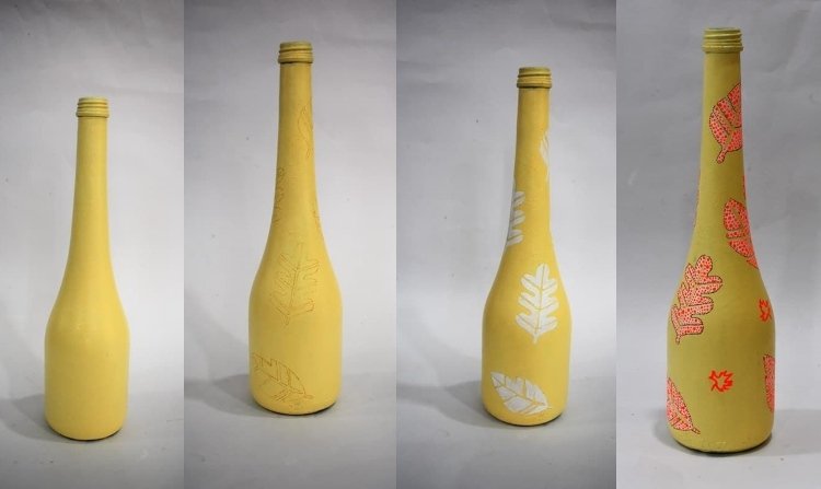 Vopseste sticle cu frunze de toamna cu buline