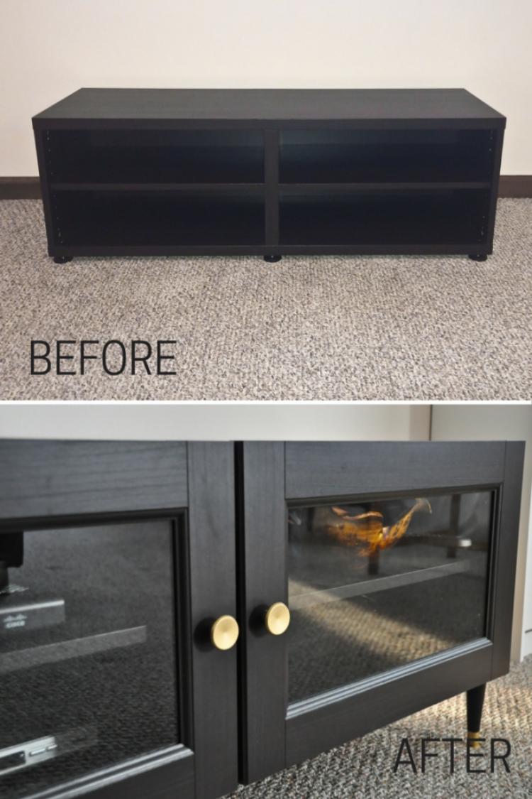 ikea-besta-raft-sistem-de-depozitare-negru-bufet-vitrina-dulap-fronturi-manere aurii