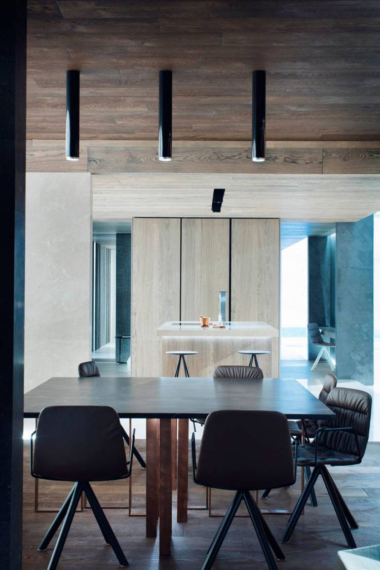 spoturi moderne deasupra mesei de masă de pe tavanul de lemn design-interior-modern-bucătărie-zonă-de-luat masa-podea-din-lemn