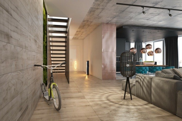 hol scări podea cu parchet perete din beton zonă deschisă de living lumini pandantive