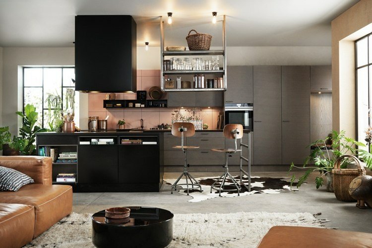 design industrial bucatarie beton piele scaune bar piele de vaca design industrial