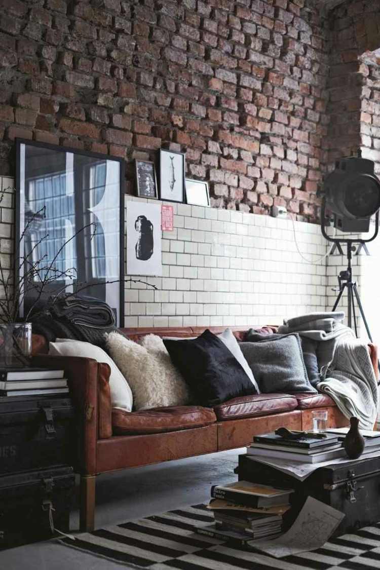 gresie cărămidă beton piele decorare perete living reflectoare stil industrial