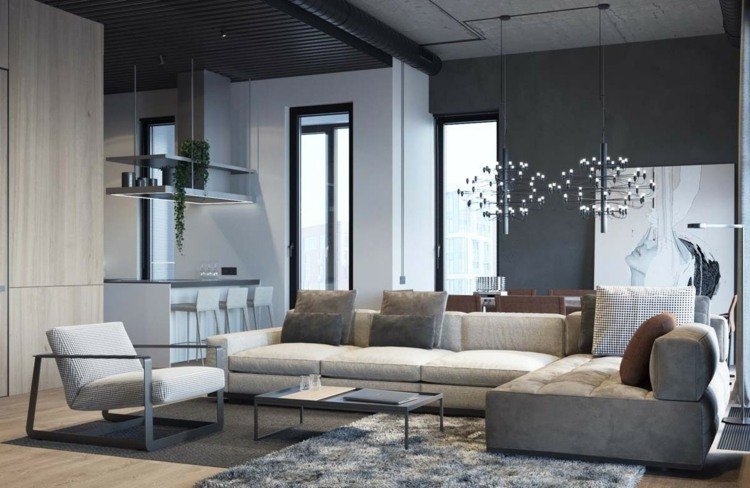 covor interior modern parchet masuta de cafea din metal design industrial perete de tavan din beton