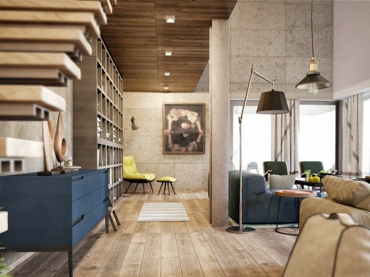 stil industrial living beton expus parchet luminos podea scări lumină suspendată lampă de podea metalică