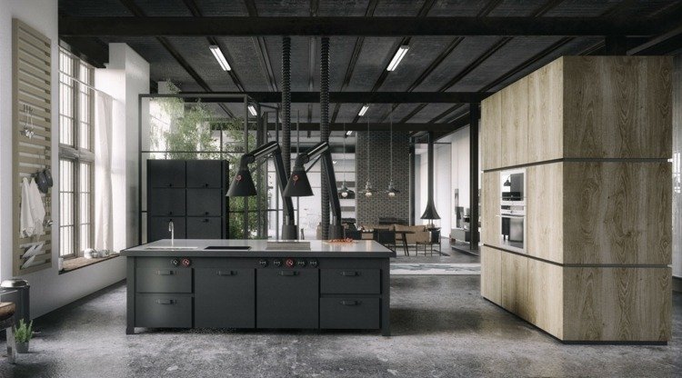 bucatarie design industrial podea din beton aspect rustic