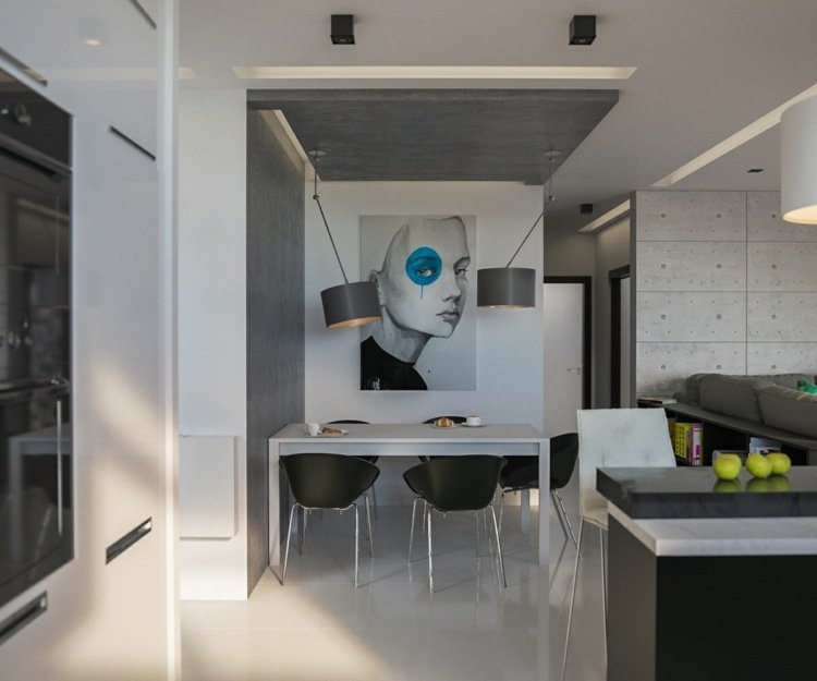 bucatarie zona de luat masa mobilier modern perete despartitor din beton candelabru industrial atingere decorare perete