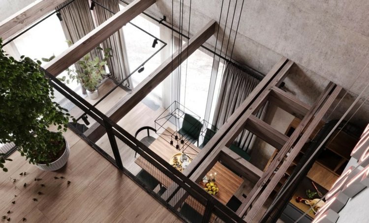 pereti din beton grinzi din lemn mansarda zona de luat masa lampa design industrial