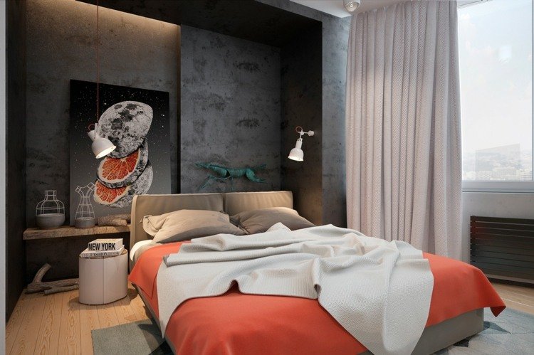 design interior industrial dormitor lumina pandantiv perete design beton