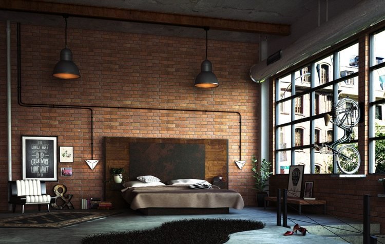 dormitor mansardă apartament lumini pandantiv design industrial decorare pereți poze tablă