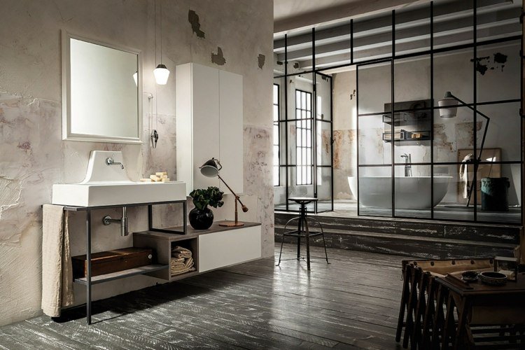 podea baie lemn rustic design industrial cadă de sine stătătoare