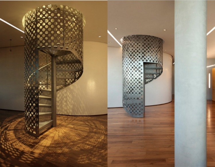interior-scară-design-modern-arcuit-scară-spirală-scară-tablă perforată din oțel