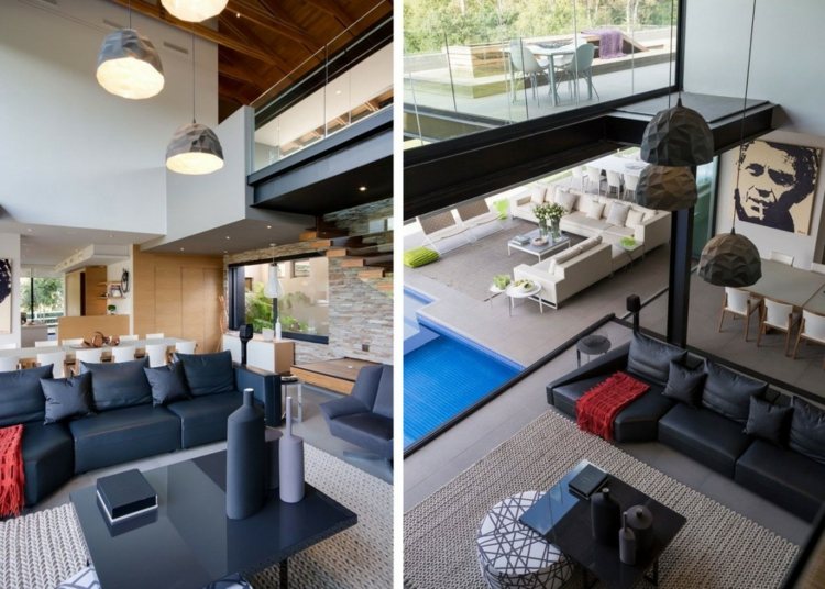 Pielea naturală, neagră din sufragerie face ca interiorul să arate mai elegant interior realizat din materiale naturale set canapea masă de cafea din piele lounge