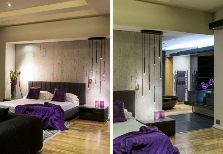 Interiorul din dormitor are o lampă de noptieră originală casa materiale naturale noptiera decor parchet baie