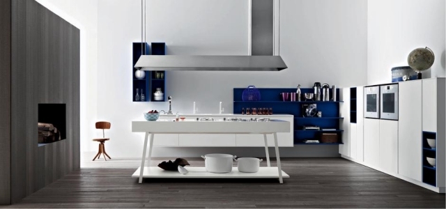 bucătărie din lac alb cu capotă aspirantă pe insulă - design elegant bucătărie-laminată-albă-fabricată-din-lac-bucătărie-insulă-echipament-modern