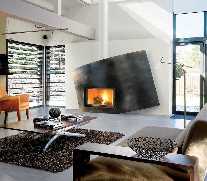 Șemineu-cameră-mobilier-modern-metal-cămilă-covor shaggy