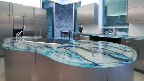 Blat de bucătărie modern din formă arcuită de sticlă Suprafață din oțel inoxidabil-culoare-argintiu-în formă de val-design-aqua-albastru-sticlă