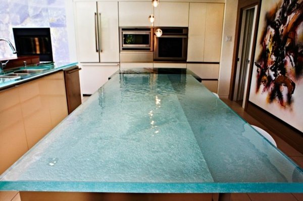 Suprafață de lucru din sticlă groasă, culoare naturală, transparent Aqua Blue tonuri luminoase-pastel-bucătărie-design-echipamente-blat-de-lucru din sticlă