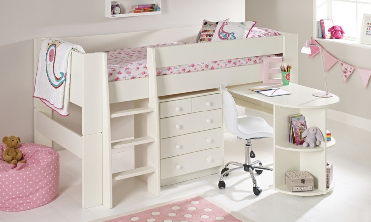 Pat sub formă de mansardă alb și birou dedesubt - mobilier care economisește spațiu Cameră pentru copii fete 2015 amenajare cameră pentru tineri design
