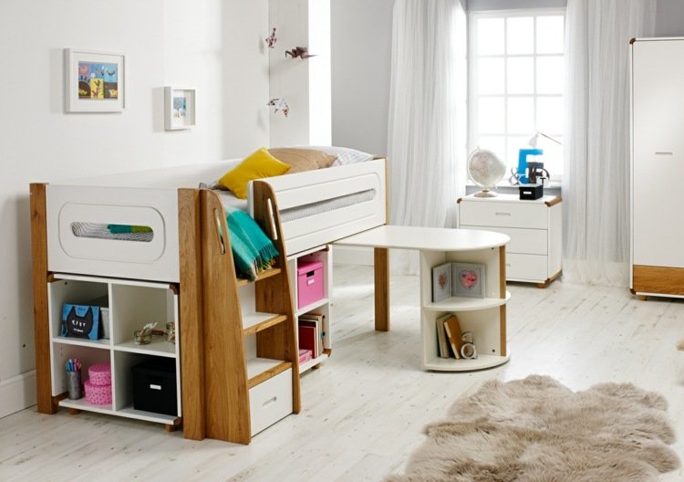 Amenajare cameră pentru fete - pat modern mansardat cu birou Fata pepinieră 2015 birou spațiu depozitare haine pepinieră
