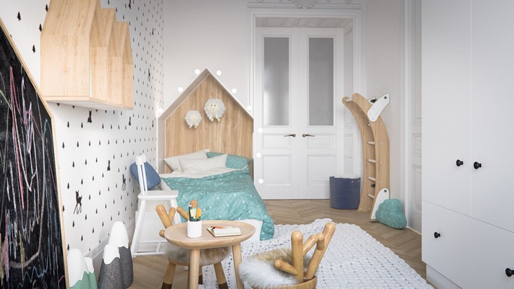 cameră pentru copii-design-scandinav-design-tapet-lemn-zonă de joacă