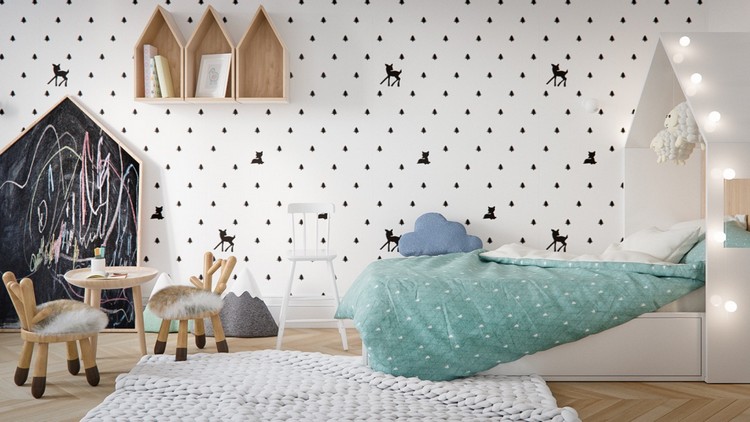 cameră pentru copii-design-scandinavă-tablă-joc-colț-pat-iluminat