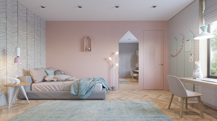 design-pepinieră-fată-roz-albastru-tapet-oglindă-covor