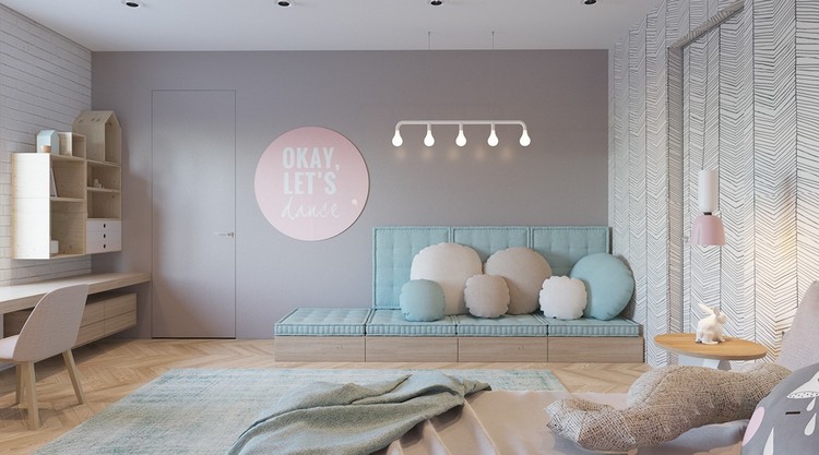 cameră pentru copii-design-idei-fată-lectură-colț-canapea-decorare perete