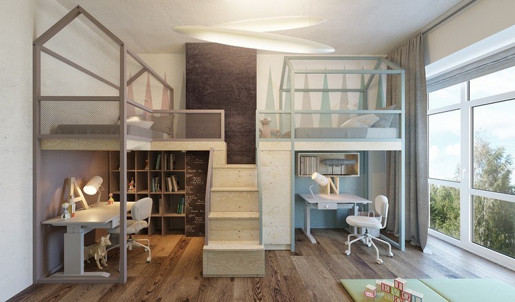 cameră pentru copii-design-frați-paturi-mansardă-birouri-scări