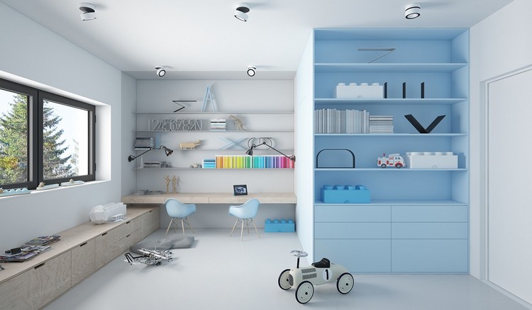 Proiectați camere pentru copii elegant-cameră-albastru-perete-rafturi-jucării