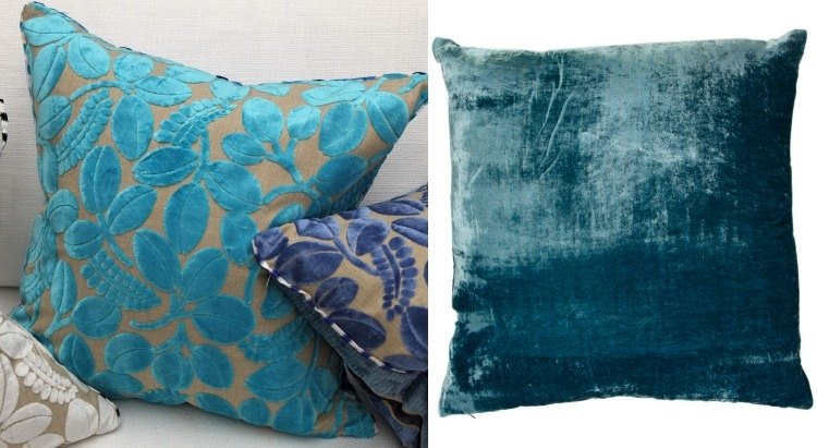 Perne cu înveliș turcoaz-benzină din catifea Pernele în turcoaz-sufragerie-fețe de pernă-catifea-model-floral-albastru