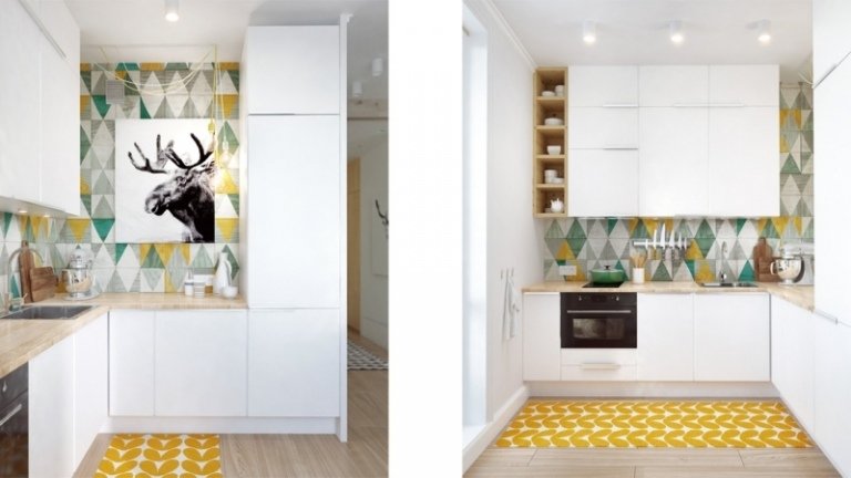 fronturi albe mate, blat de lucru în aspect lemn și design interesant al pereților Configurarea bucătăriilor mici în formă de L-fronturi-albe-lemn-deschis-optic-design de perete-model diamant