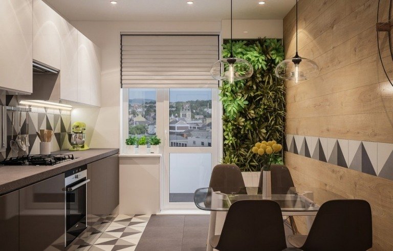 Chicinetă cu dulapuri albe și întunecate și oglinzi cu faianță gri și albă prajituri-mici-mobilier-modern-zona-de-luat masa-perete-design-triunghi-gresie-gradina-verticala