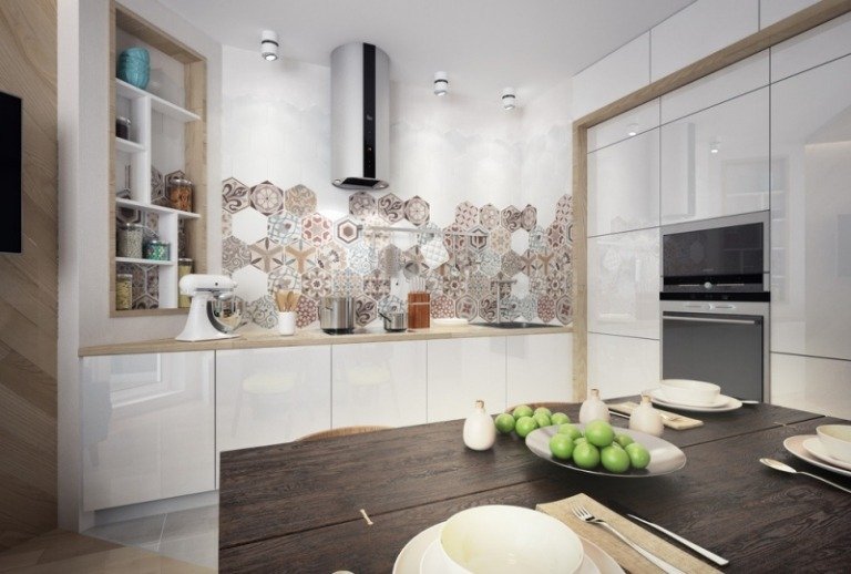 interesant design obraz de bucătărie cu plăci cu modele bucăți-mici-de-perete-design-model-gresie-hexagonală-de-formă-alb-cu-luciu-front-dulap
