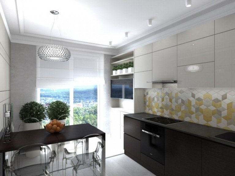 bucătărie mică cu zonă de luat masa - oglinzi cu gresie în alb, gri și galben mic-tort-set-up-l-shape-modern-white-wood-dark-wood-dining area
