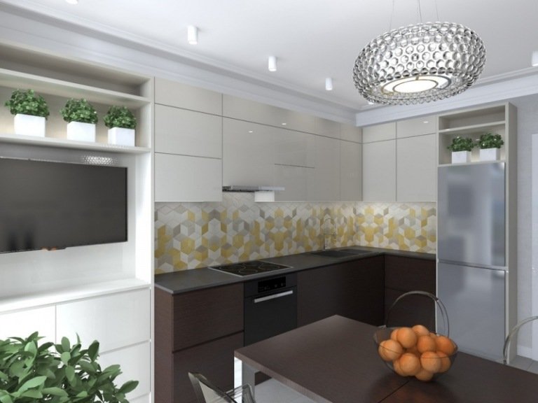 design de perete interesant cu plăci în galben, alb și gri torturi-mici-set-up-l-forma-model-modern-cu-oglindă-cu-oglindă-galben-alb