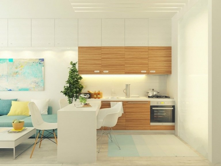 Chicinetă aspect lemn, oglindă cu gresie albă și masă mâncați-în-bucătărie-modern-lemn-arată-alb-blat-masă-masă-separator de cameră
