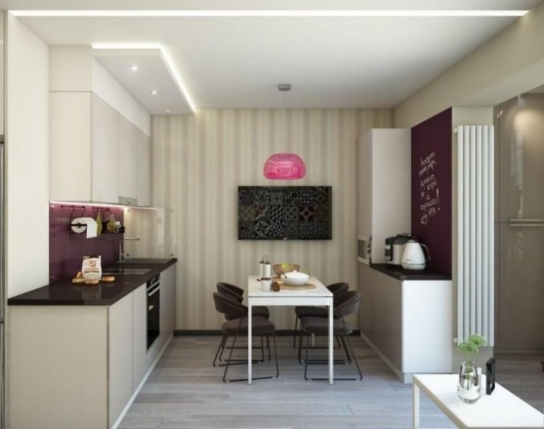 Bucătărie mică cu două rânduri în taupe și violet prune prajituri-mici-amenajate-doua-randuri-taupe-prune-liliac-loc-de-luat masa