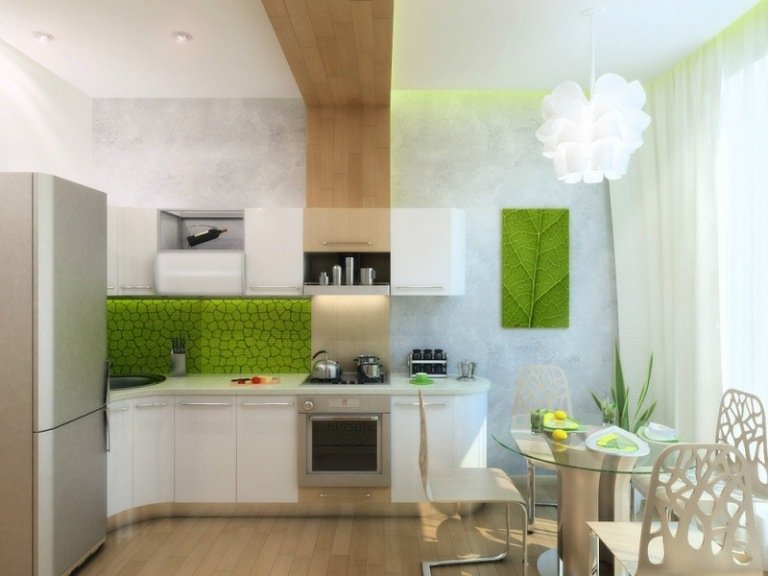 bucătărie mică într-un aspect natural - verde, alb și lemn mic-tort-set-up-white-light-wood-green-splash-protection-cell-pattern