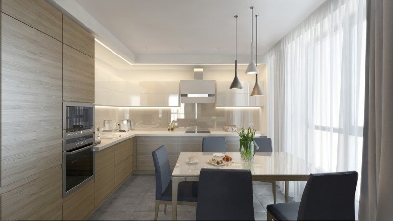 bucătărie mică modernă din lemn alb și mat - Iluminat cu led Configurați bucătării mici-formă-L-alb-lucios-alb-lemn-aspect-led-benzi-zonă de luat masa