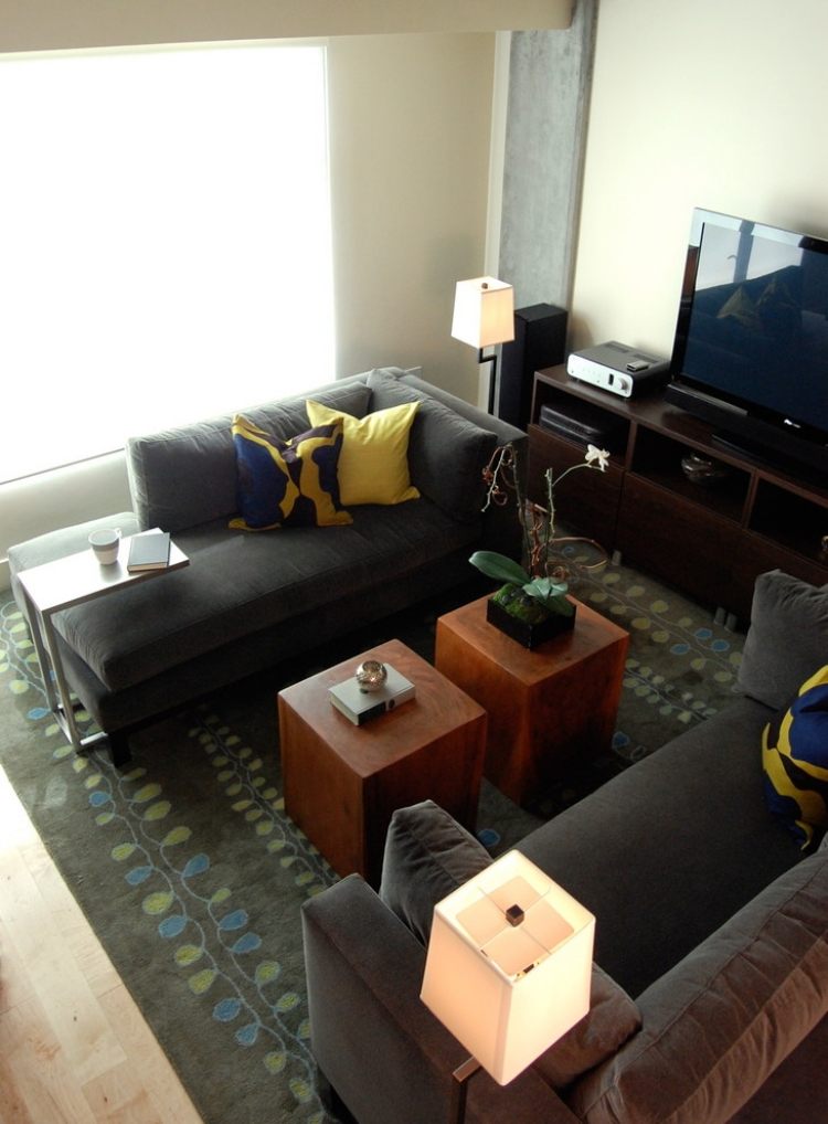 canapele-mici-gri-opuse-culcate-din-masute-de-lemn