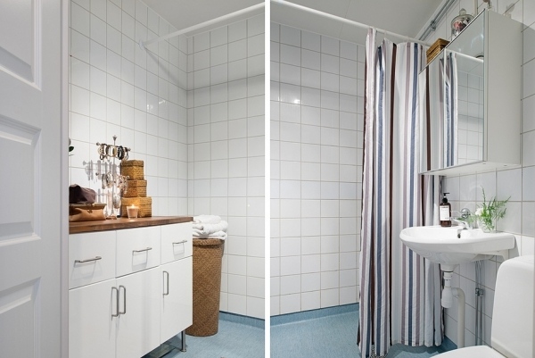 Baie gresie albă-Puristic mic apartament Baie apartament mic cu faianță albă