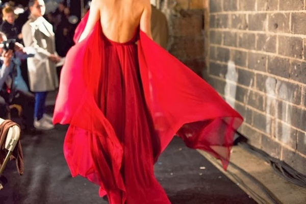 Model cu rochie lungă de Donna Karan Rochie confecționată din șifon-fără spate lung