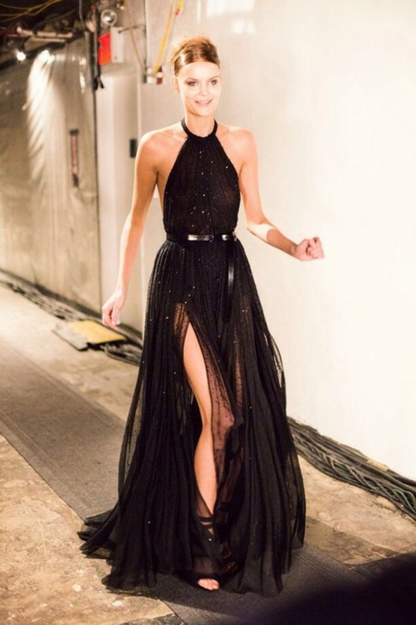 Rochie de seară fără umeri legată la gât cu un decolteu adânc Rochie Haute-Couture-neagră-lungă